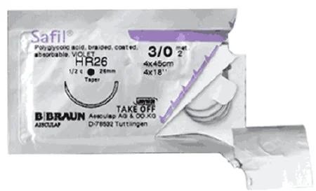 Aesculap Safil Suture with Needle Absorbable Coated Violet Suture Braided Polyglycolic Acid Suture Size 9-0 8 cm Suture 1-Needle 6 mm Length 3/8 Circle Lancet Needle – G1048611