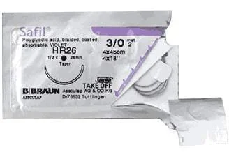Aesculap Safil Suture with Needle Absorbable Coated Violet Suture Braided Polyglycolic Acid Suture Size 6-0 45 cm Suture Double-Armed 8 mm Length 1/2 Circle Lancet Needle – G1048966