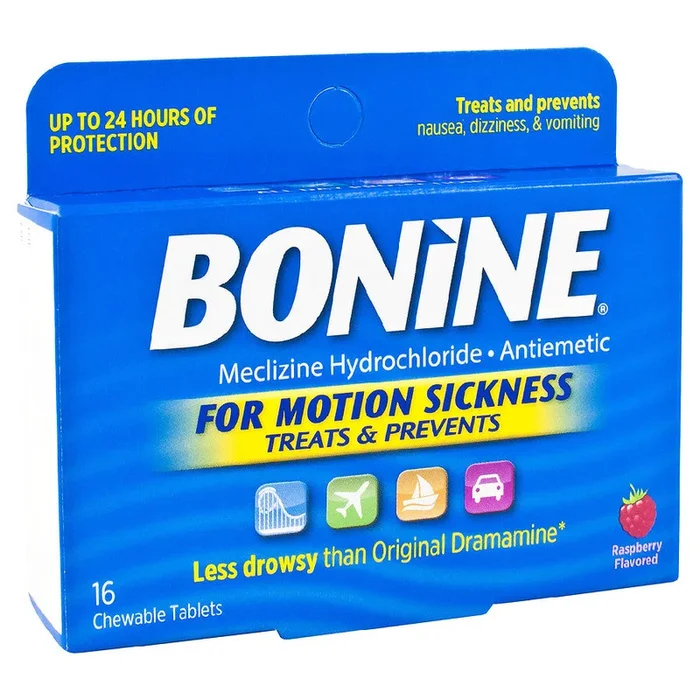 Alivio de moción de bonine alivio de las tabletas masticables frambuesas