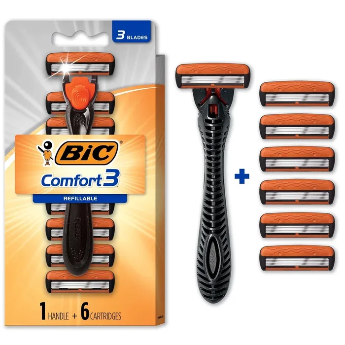 Bic Comfort 3 Razor de tres palas recargable, 1 mango y 6 cartuchos
