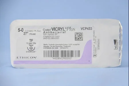 Coated Vicryl Plus Antibacterial Suture with Needle Absorbable Coated Undyed Suture Braided Polyglactin 910 with Irgacare MP Antibacterial Suture Size 5-0 27 Inch Suture 1-Needle 13 mm Length 1/2 Circle Taper Point Needle