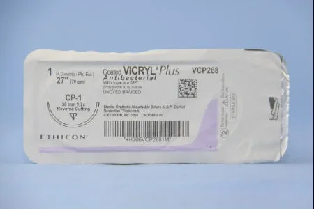 Coated Vicryl Plus Antibacterial Suture with Needle Absorbable Coated Undyed Suture Braided Polyglactin 910 with Irgacare MP Antibacterial Suture Size 1 27 Inch Suture 1-Needle 36 mm Length 1/2 Circle Reverse Cutting Needle