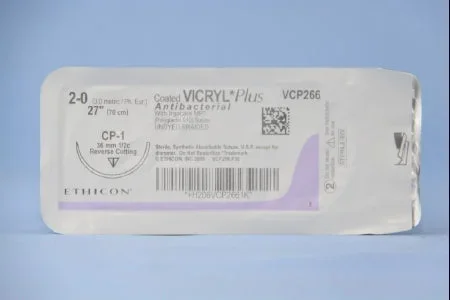 Coated Vicryl Plus Antibacterial Suture with Needle Absorbable Coated Undyed Suture Braided Polyglactin 910 with Irgacare MP Antibacterial Suture Size 2-0 27 Inch Suture 1-Needle 36 mm Length 1/2 Circle Reverse Cutting Needle