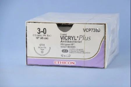 Coated Vicryl Plus Antibacterial Suture with Needle Absorbable Coated Violet Suture Braided Polyglactin 910 with Irgacare MP Antibacterial Suture Size 3-0 18 Inch Suture 1-Needle 36 mm Length 1/2 Circle Taper Point Needle