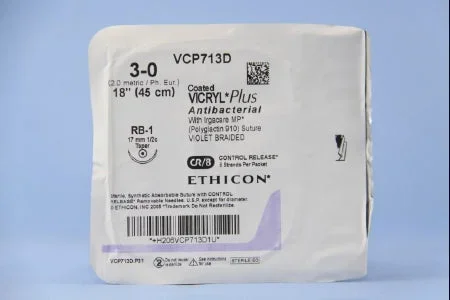 Coated Vicryl Plus Antibacterial Suture with Needle Absorbable Coated Violet Suture Braided Polyglactin 910 with Irgacare MP Antibacterial Suture Size 3-0 18 Inch Suture 1-Needle 17 mm Length 1/2 Circle Taper Point Needle