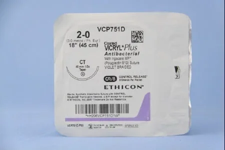 Coated Vicryl Plus Antibacterial Suture with Needle Absorbable Coated Violet Suture Braided Polyglactin 910 with Irgacare MP Antibacterial Suture Size 2-0 18 Inch Suture 1-Needle 40 mm Length 1/2 Circle Taper Point Needle
