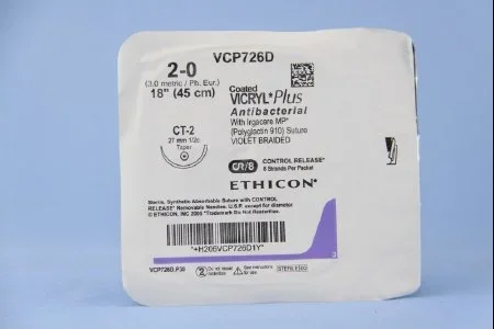 Coated Vicryl Plus Antibacterial Suture with Needle Absorbable Coated Violet Suture Braided Polyglactin 910 with Irgacare MP Antibacterial Suture Size 2-0 18 Inch Suture 1-Needle 26 mm Length 1/2 Circle Taper Point Needle