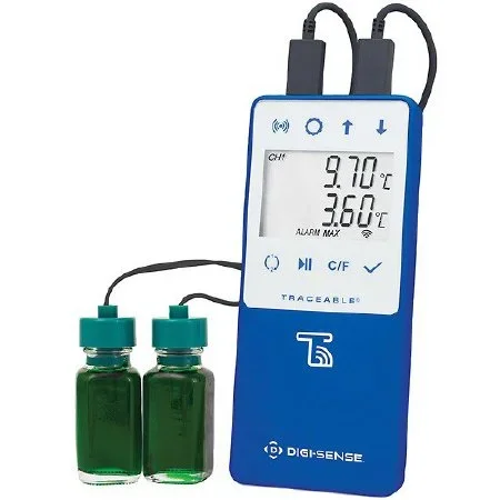 Cole-Parmer Inst. Datalogging Refrigerator / Freezer Thermometer Digi-Sense Fahrenheit / Celsius -58° To +140° (-50° To +60°C) 2 Bottle Probes Multiple Mounting Options Battery Operated – 99460-00