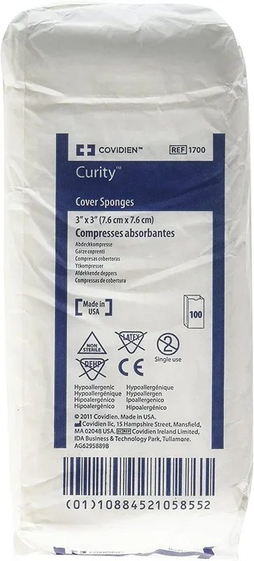 Curity Nonsterile Cover Sponge 3″ L x 3″ W, Nonwoven Cellulose Wadding Filled Sponge, Pack of 100