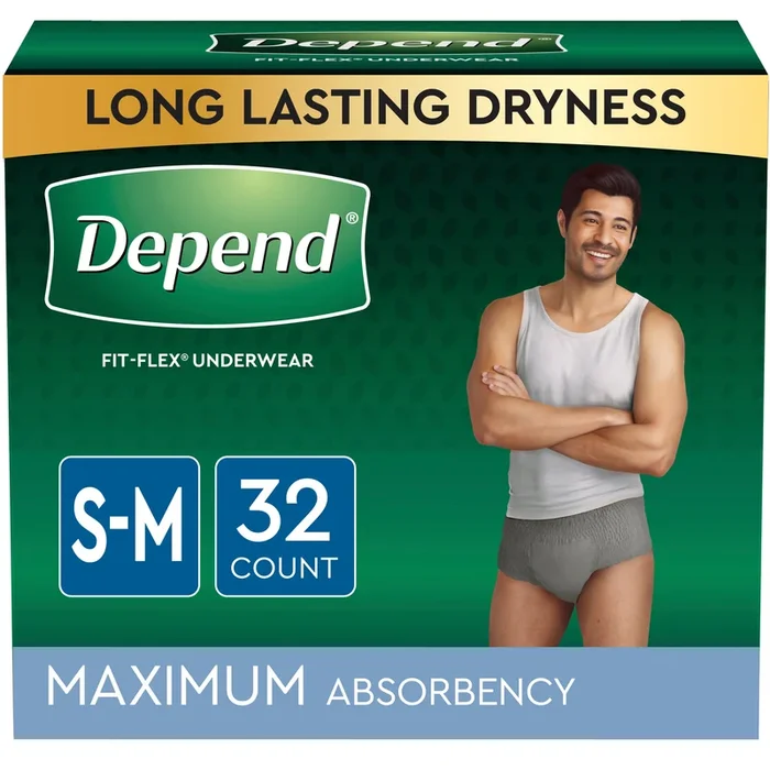 Depend FIT-FLEX Incontinence Underwear for Men, Maximum Absorbency, Small/Medium, Gray, 32 Count, Replaces Item 6912539
