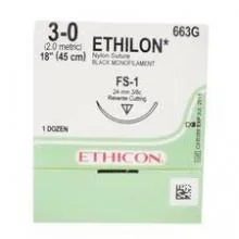 Ethicon 663G ETHILON Suture, Reverse Cutting, FS-1 24mm 3/8 Circle, 18″, 3-0