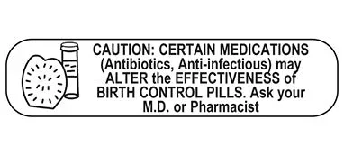 Health Care Logistics Indeed Pre-Printed Label Warning Label Caution: Certain Medications (Antibiotics, Anti-infectious) May Alter The Effectiveness Of Birth Control Pills. Ask Your M.D. or Pharmacist White 3/8 X 1-5/8 Inch – 2189