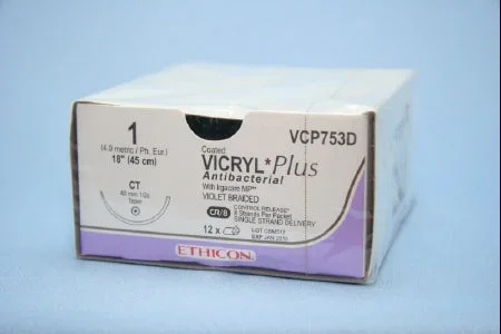 J & J Healthcare Systems Coated Vicryl Plus Antibacterial Suture with Needle Absorbable Coated Violet Suture Braided Polyglactin 910 with Irgacare MP Antibacterial Suture Size 1 18 Inch Suture 1-Needle 40 mm Length 1/2 Circle Taper Point Needle – VCP753D