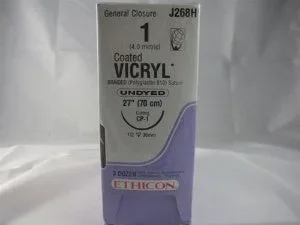J & J Healthcare Systems Coated Vicryl Suture with Needle Absorbable Coated Undyed Suture Braided Polyglactin 910 Size 1 27 Inch Suture 1-Needle 36 mm Length 1/2 Circle Reverse Cutting Needle – J268H