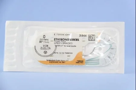 J & J Healthcare Systems Ethibond Suture with Needle Nonabsorbable Coated Green Suture Braided Polyester Size 0 30 Inch Suture 1-Needle 36.4 mm Length 1/2 Circle Taper Cut Needle – X444H