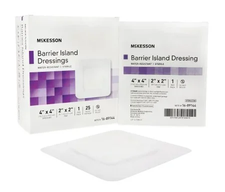 McKesson McKesson Composite Barrier Island Dressing Water Resistant 4 X 4 Inch Polypropylene / Rayon 2 X 2 Inch Pad Sterile – 16-89144