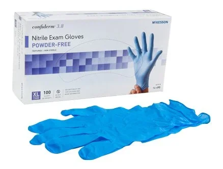 McKesson McKesson Confiderm 3.8 Exam Glove X-Large NonSterile Nitrile Standard Cuff Length Textured Fingertips Blue Not Chemo Approved – 14-690