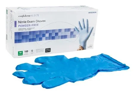 McKesson McKesson Confiderm 6.5CX Extended Cuff Exam Glove Medium NonSterile Nitrile Extended Cuff Length Textured Fingertips Blue Chemo Tested – 14-676C