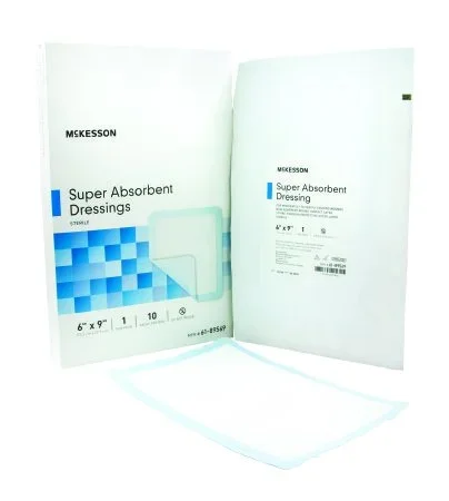 McKesson McKesson Super Absorbent Polymer Dressing Polyethylene, NonWoven Polypropylene, Cellulose and Superabsorber 6 X 9 Inch Sterile – 61-89569
