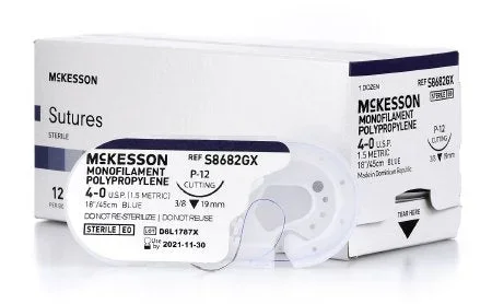 McKesson McKesson Suture with Needle Nonabsorbable Uncoated Blue Suture Monofilament Polypropylene Suture Size 4-0 18 Inch Suture 1-Needle 19 mm Length 3/8 Circle Reverse Cutting Needle – S8682GX