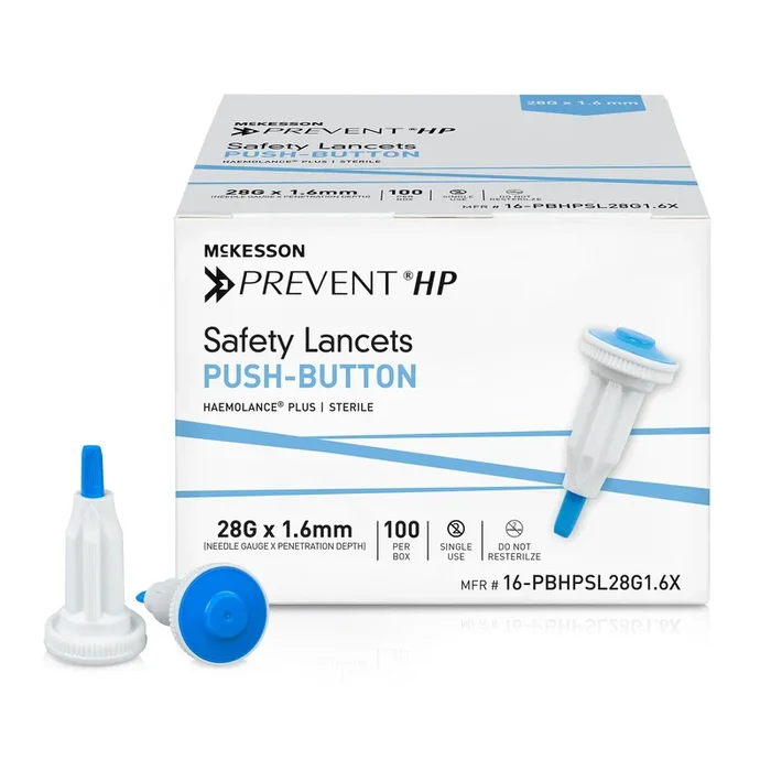 McKesson Prevent HP Safety Lancet, Fixed Depth Lancet, Needle, 1.6 Mm Depth, 28 Gauge, Push Button, Box of 100