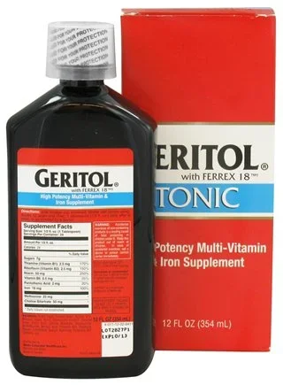 Meda Consumer Healthcare Geritol Multivitamin Supplement Vitamin B3 / Choline Bitartrate / Iron 50 mg – 50 mg – 18 mg Strength Liquid 12 oz. Unflavored – 46017001112
