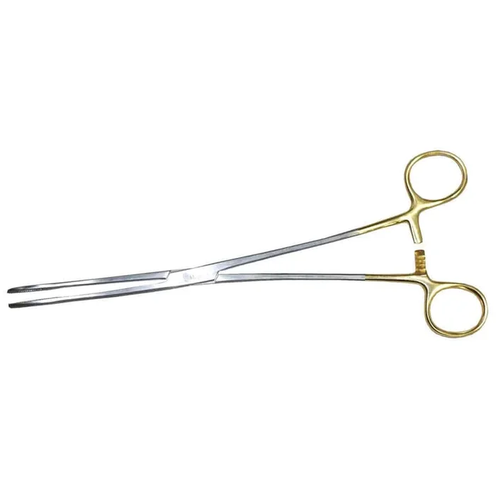 Medgyn Products MedGyn Sponge Forceps Fletcher 9-1/2 Inch Surgical Grade Stainless Steel NonSterile Ratchet Lock Finger Ring Handle Curved Serrated Fenestrated Oval Jaws – 31015