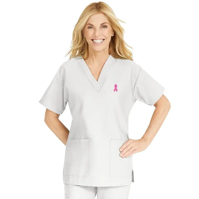 Medline ComfortEase Women’s V-Neck Tunic Scrub Top with 2 Pockets – White with Pink Ribbon