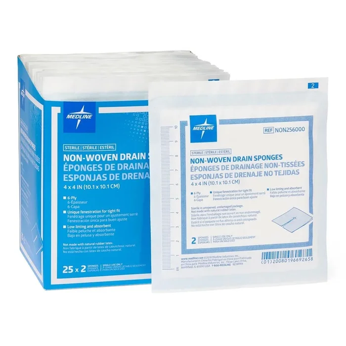 Medline Sterile Nonwoven Gauze Drain Sponge, 6 Ply, 4″x4″ – Box of 50