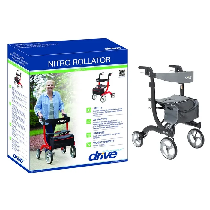 Nitro Aluminum Rollator, 10″ Casters, Black Frame