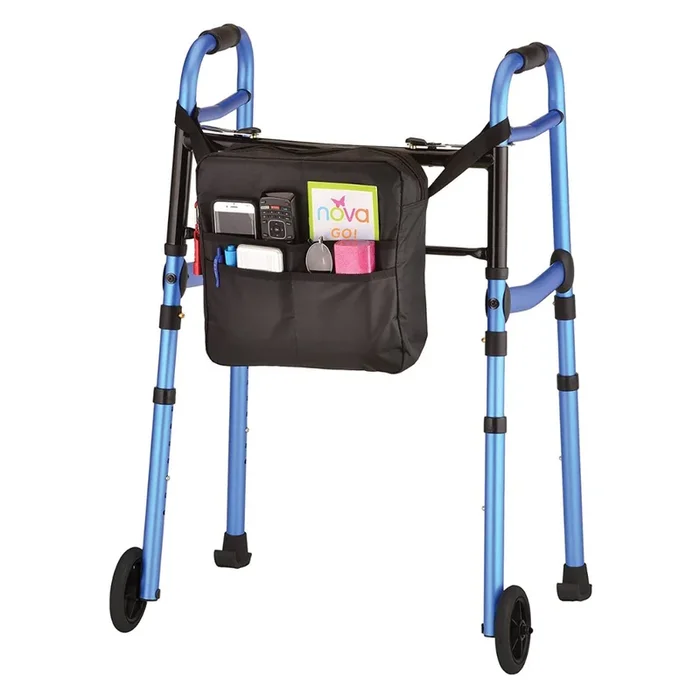 Nova Medical Folding Walker with 5” Front Wheels, Glide Skis and Mobility Bag – Blue