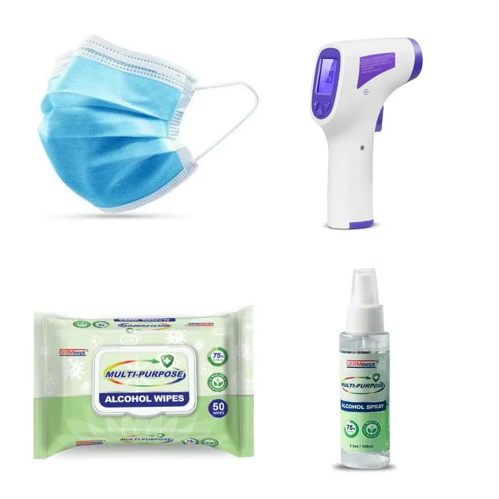 PPE Senior Deluxe Kit I – Dusk Masks, Hand Sanitizer, Alcohol Wipes & Infrared Forehead Thermometer