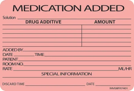 Precision Dynamics MedVision Pre-Printed Label Anesthesia Label Medication Added, Solution, Drug Additive, Amount, Added By, Date, Time, Patient, Room No., Rate – Ml/Hr, Special Information, Discard Time, Date Fluorescent Red 2 X 2-15/16 Inch – V08FR7401