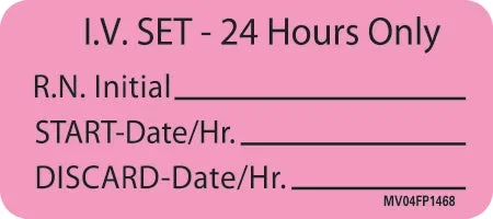 Precision Dynamics MedVision Pre-Printed Label Instructional Label I.V. Set-24 Hours Only, R.N. Initial, Start-Date/Hr., Discard-Date/Hr. Fluorescent Pink 1 X 2-1/4 Inch – V04FP1468