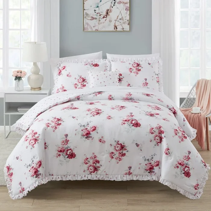 Simply Shabby Chic Sunbleached Floral 4-Piece Washed Microfiber Comforter Set, Full/Queen