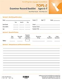 TOPL-2 Examiner Record Booklets, Ages 6-7 Diana By Phelps-Terasaki + Trisha Phelps-Gunn